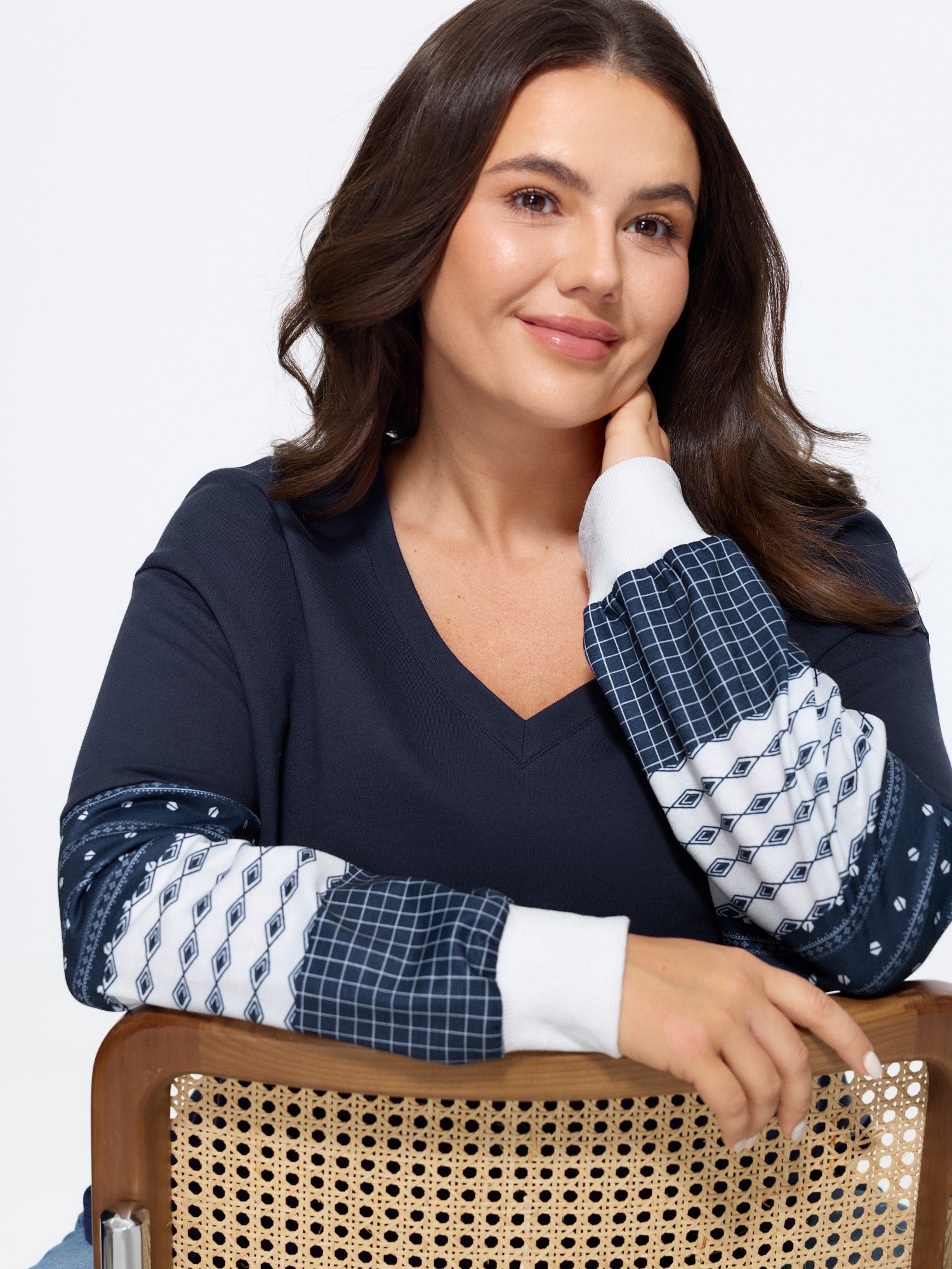 Cotton V Neck Patchwork Long Sleeve Sweatshirt