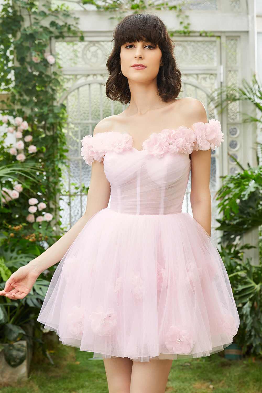 Pink Off the Shoulder Corset Homecoming Dress/Mini Dress With Flowers