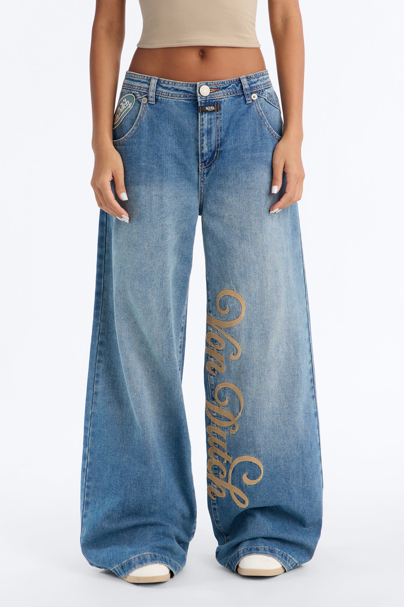 Von Dutch Thick Embroidered Wide Leg Jeans - Medium Wash