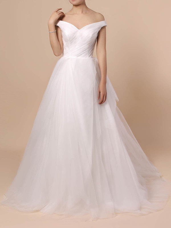 Beautiful Sweep Train Off-The-Shoulder V-Neck Tulle Wedding Dresses with Ruffles