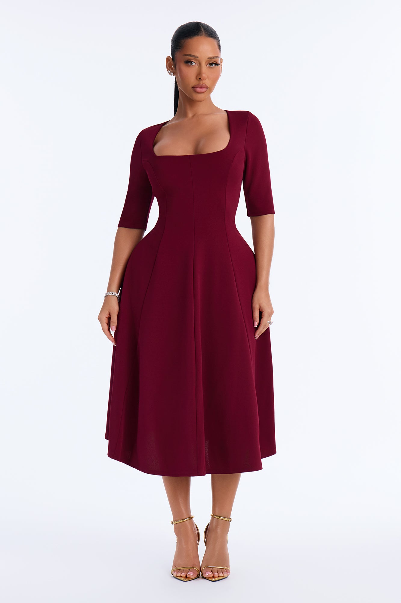 Linda Square Neck Pleated Midi Dress - Wine