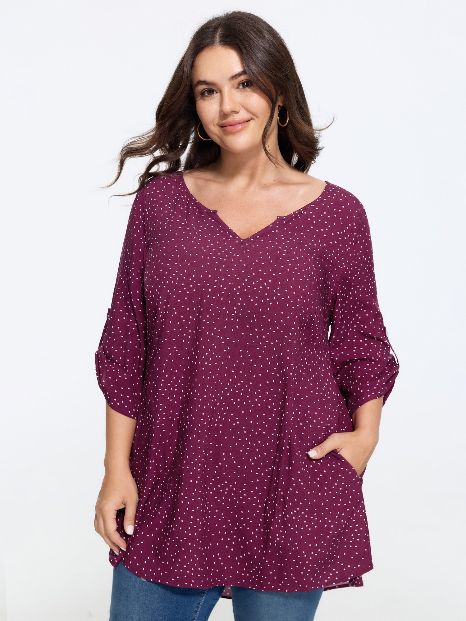 Polka Dot Tab Sleeve Pockets Blouse