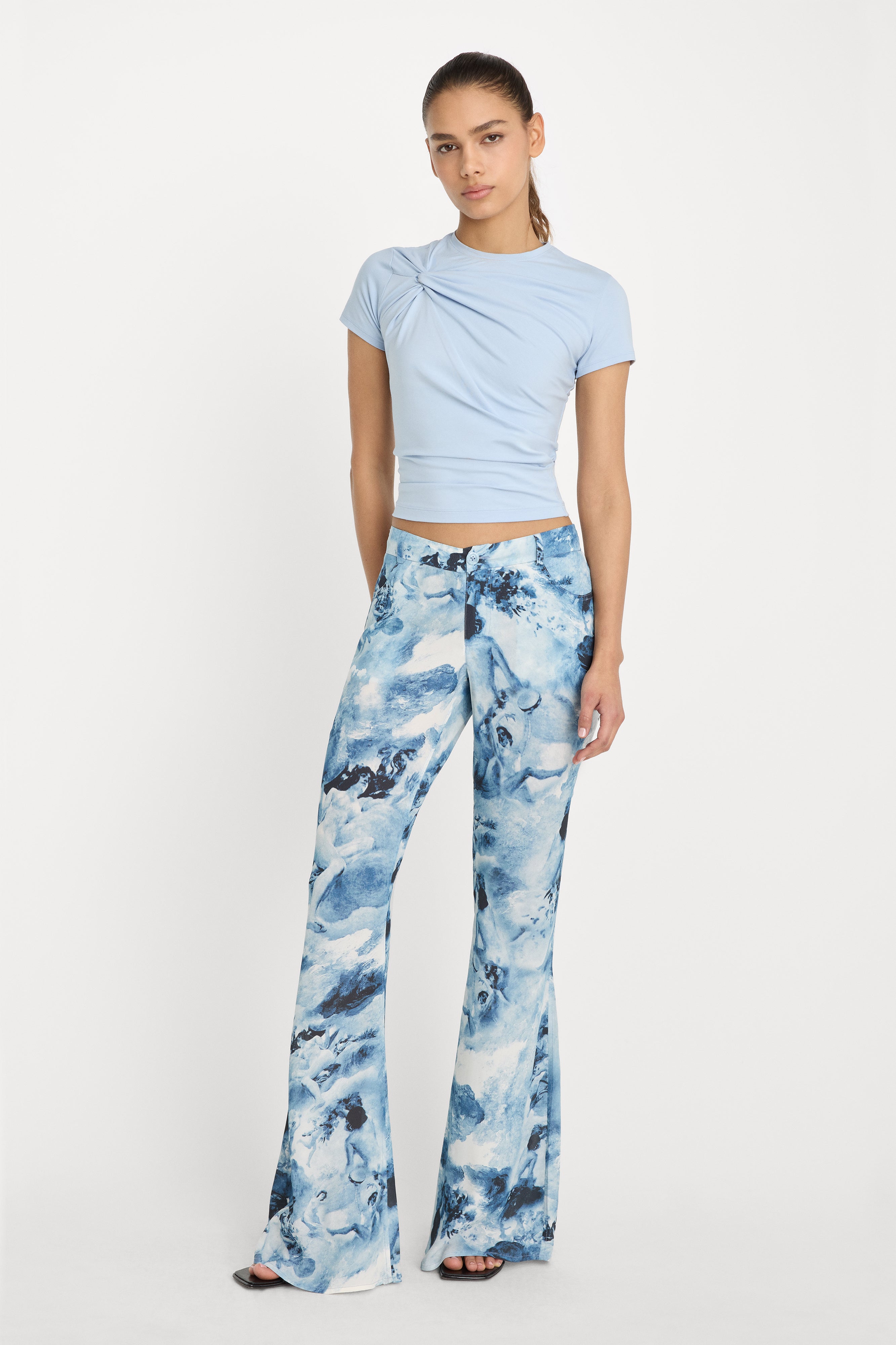 V WAIST CHIFFON FLARE PANTS | BLUE ANGEL PRINT
