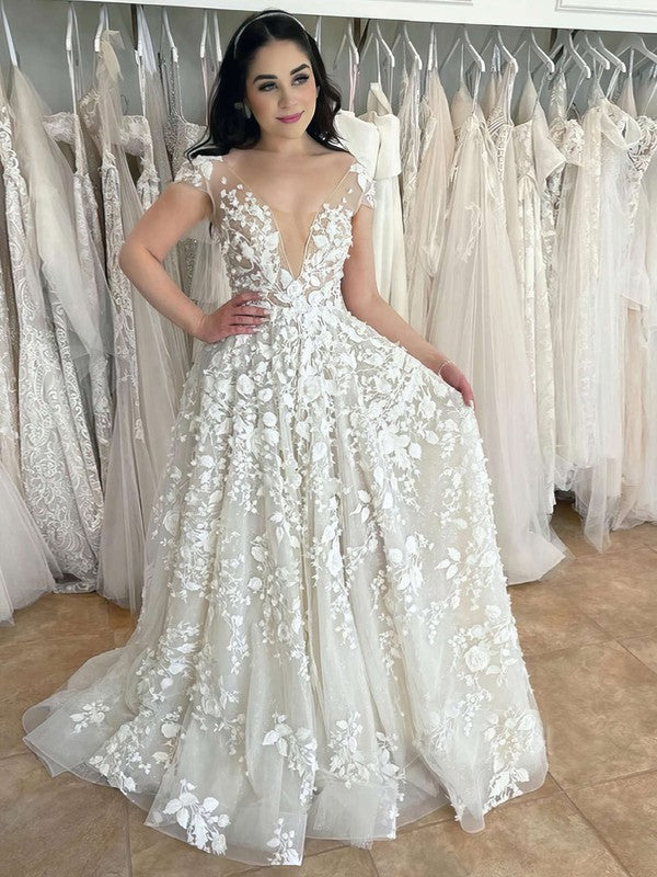 Charming Capped V-Neck Tulle Sweep Train Wedding Dresses with Appliques