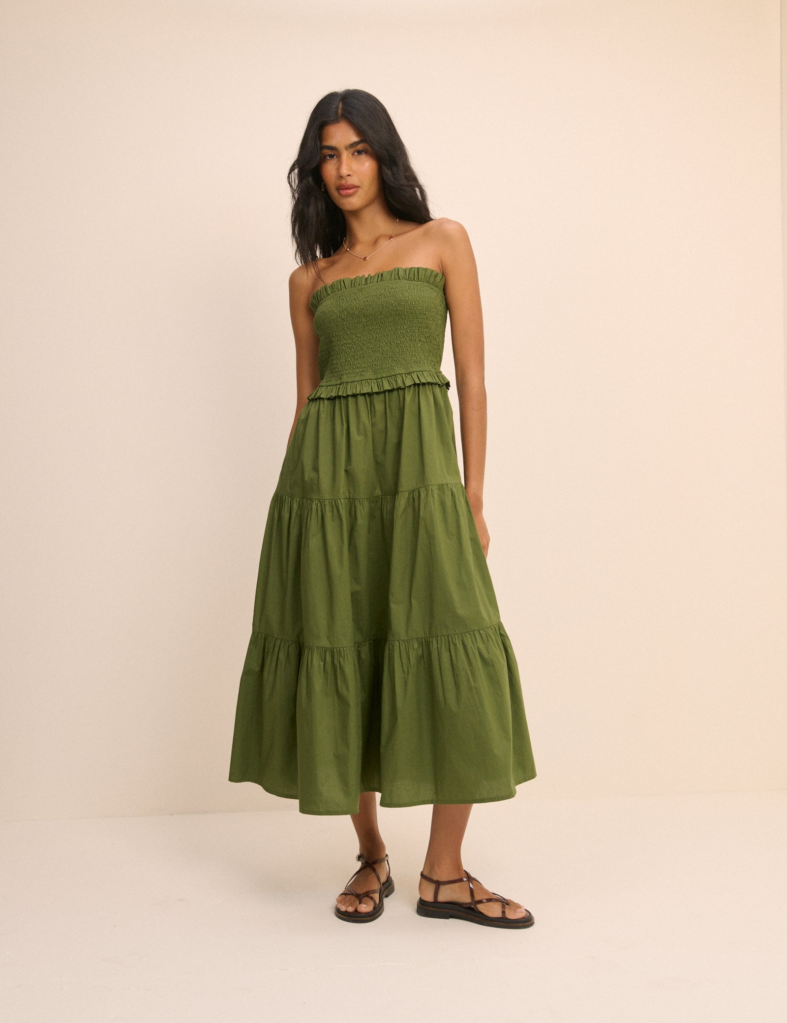 Khaki Shirred Bandeau Tiered Eva Midi Dress