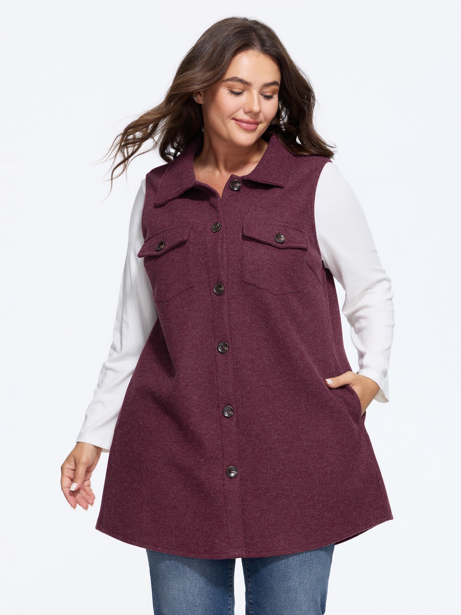 Collared Button Down Pocket Sleeveless Jacket
