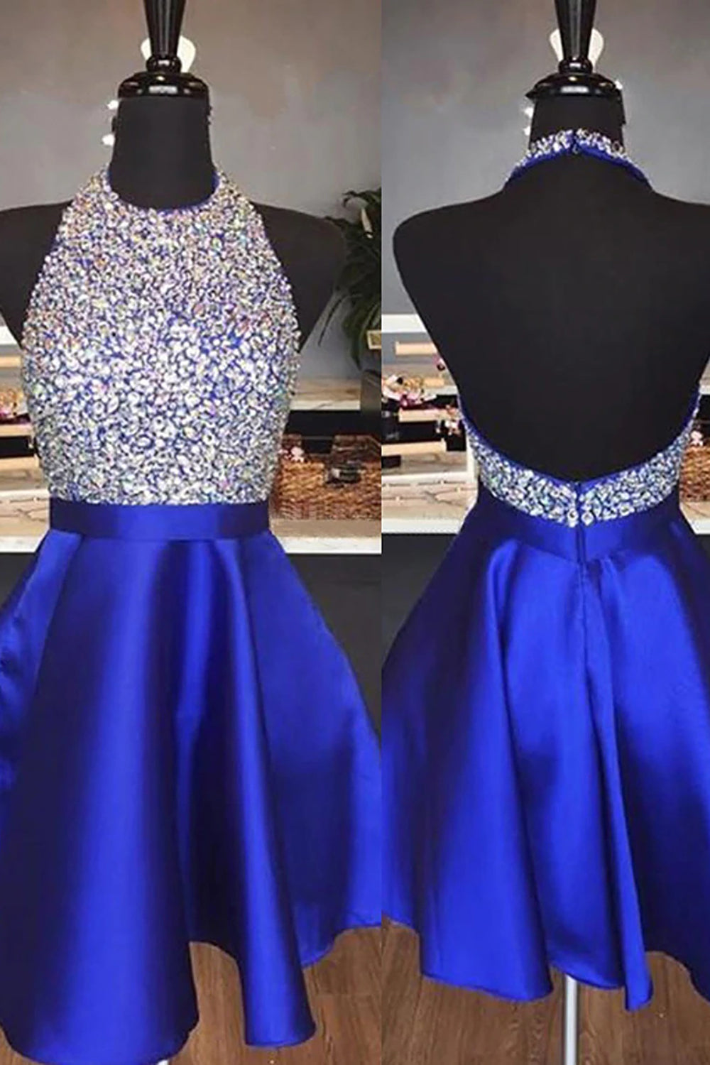 Royal Blue Beaded Backless Short Homecoming Dress/Mini Dress