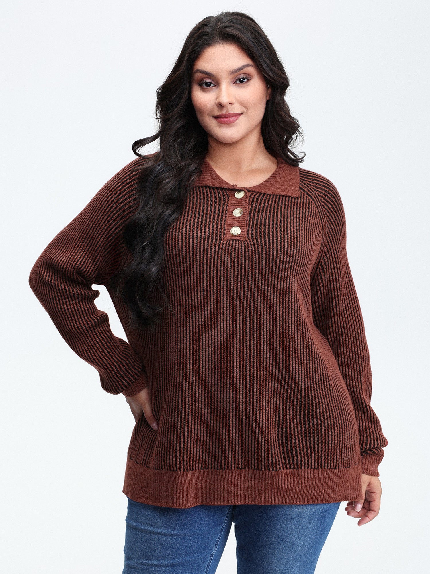 Polo Collar Color Contrast Textured Pullover