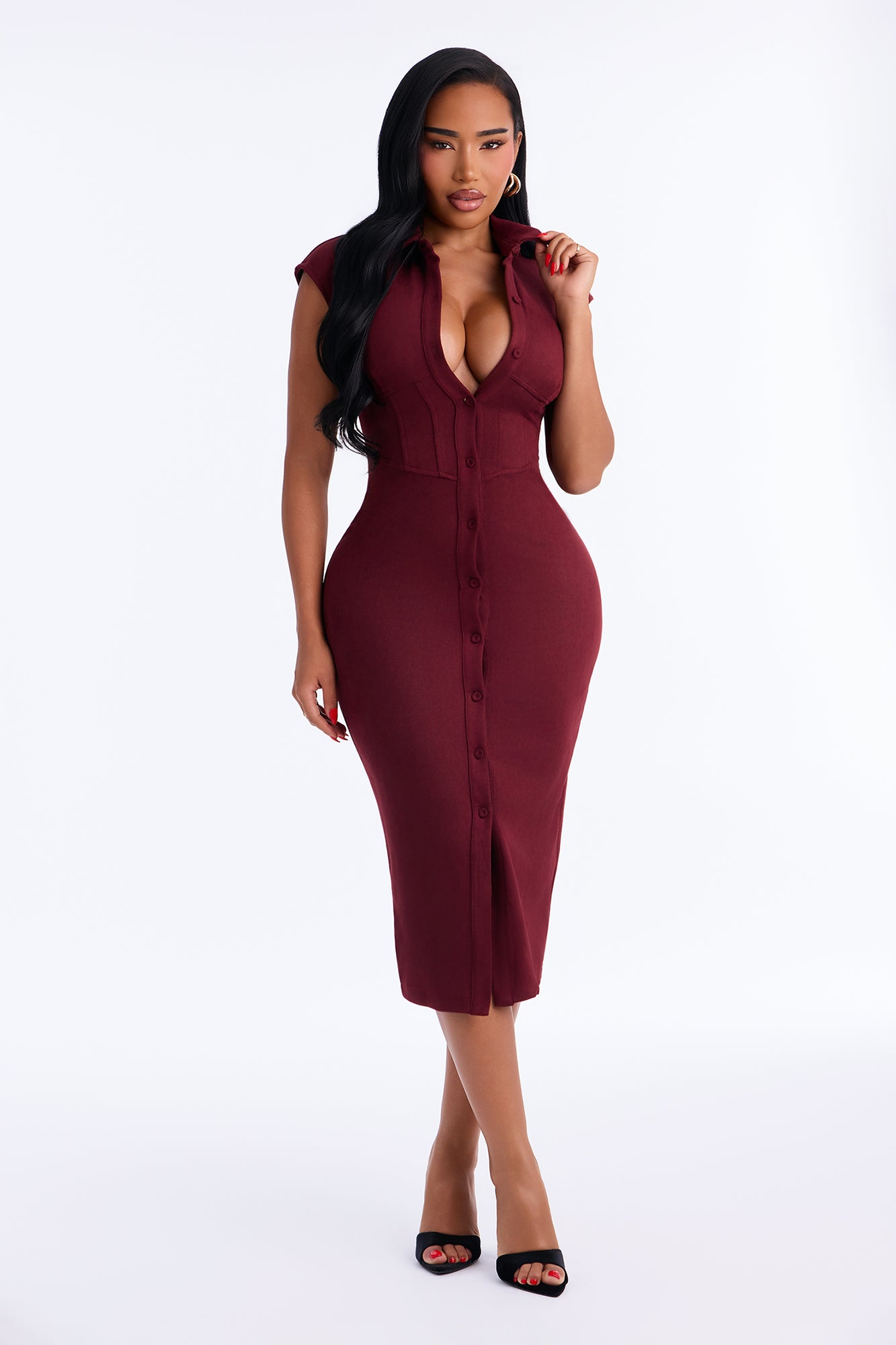 Imani Button Up Suede Shirt Midi Dress - Wine