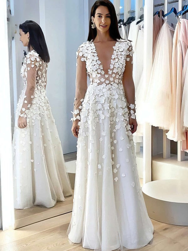 Classic A-Line Deep V-Neck Long Sleeves Tulle Floor-Length Wedding Dresses with Flowers