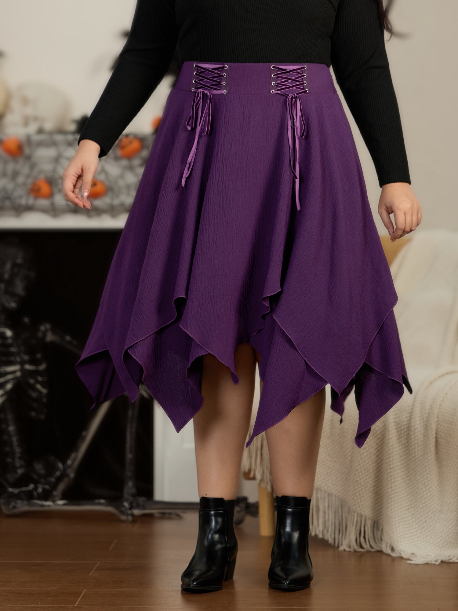 Lace‑Up Handkerchief Hem Midi Skirt