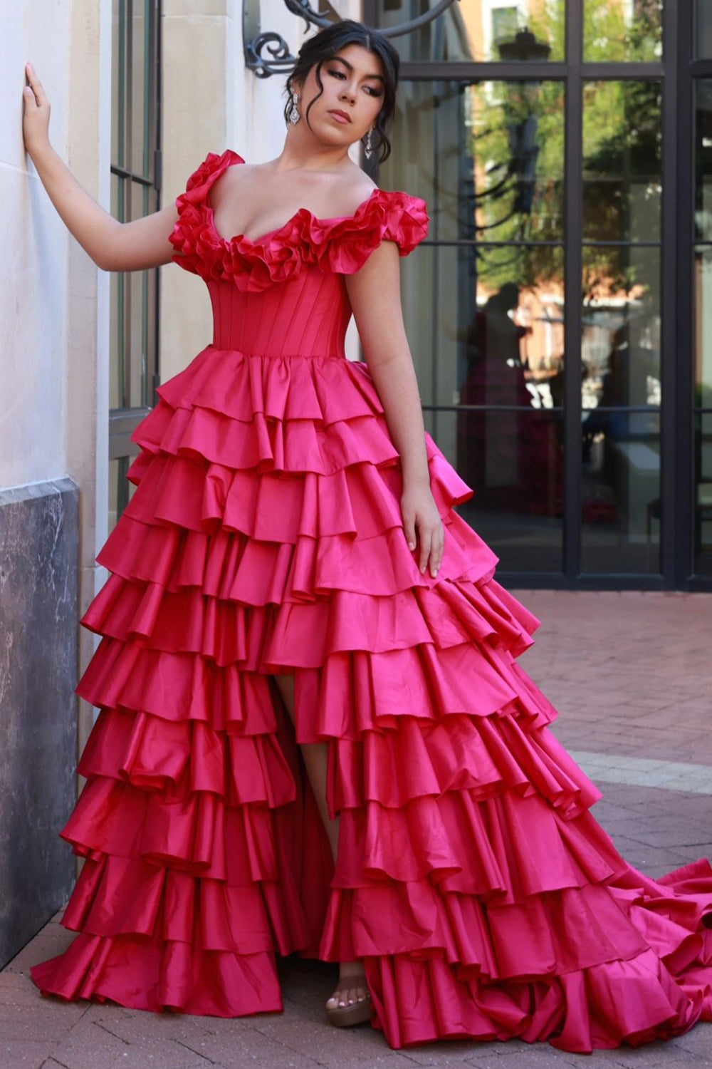 Long Fuchsia Corset Prom Dress with Off-Shoulder Ruffles and Tiered A-Line Satin