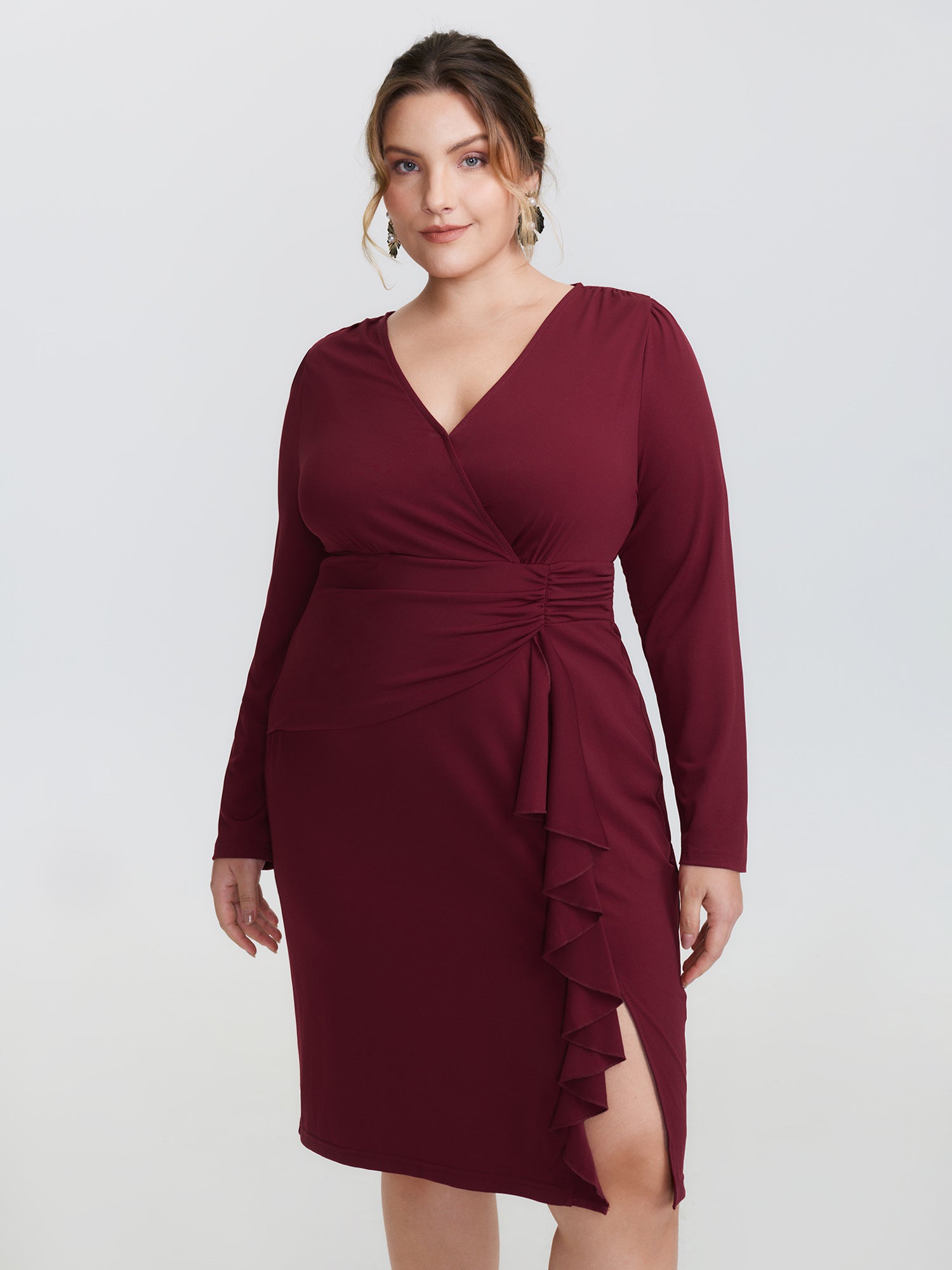 Stretchy Pleated Ruffed Hem Bodycon Fit Midi Dress