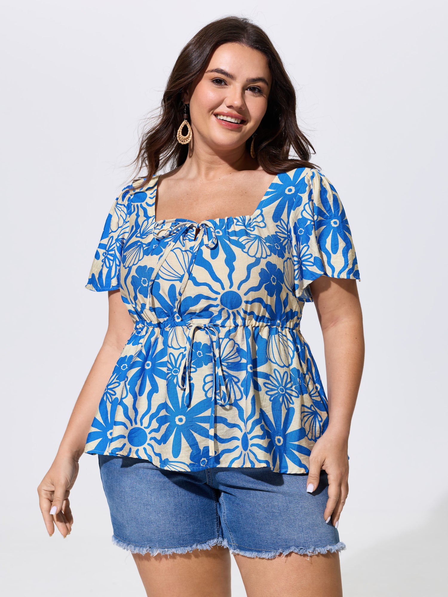 Floral Print Square Neckline Fitted Blouse