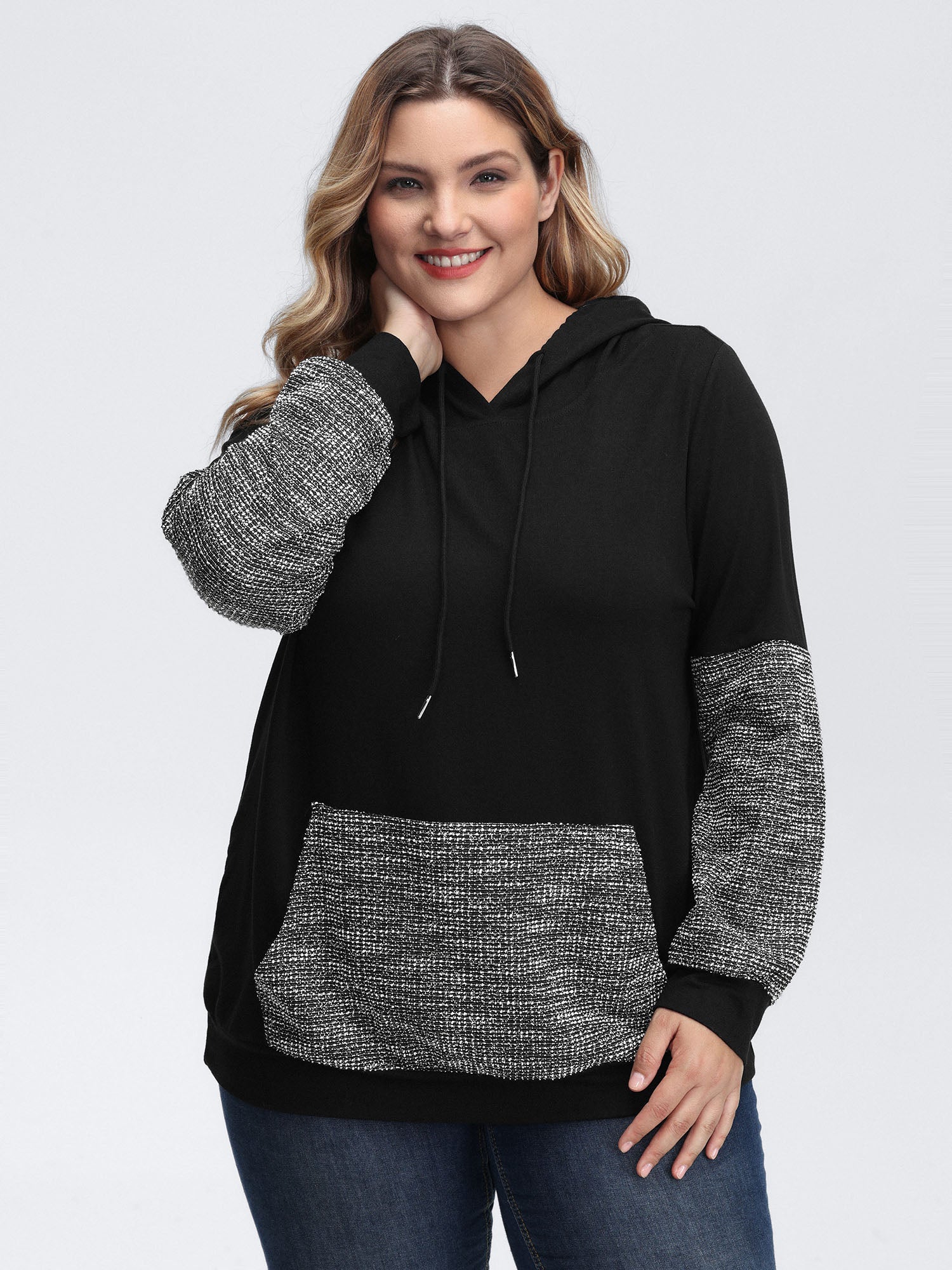 Spliced Color Contrast Textured Hoodie