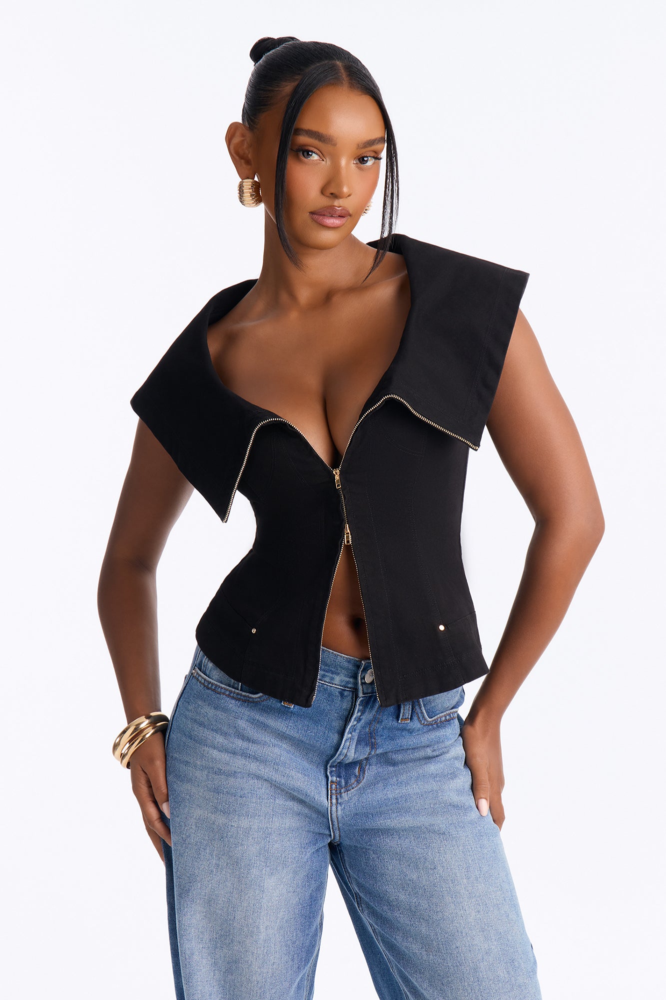 Good Trouble Off Shoulder Denim Blouse - Black