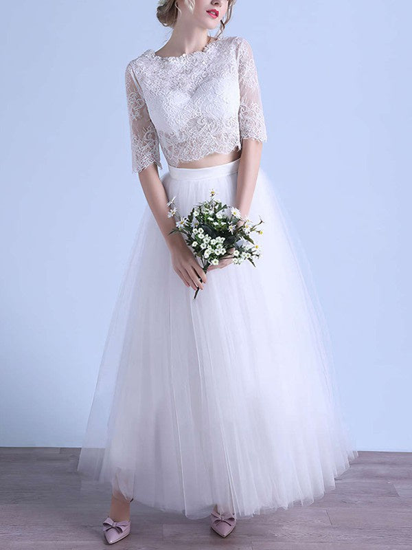 Exquisite Two-Piece Ankle-Length 3/4 Long Sleeves A-Line Lace Tulle Wedding Dresses