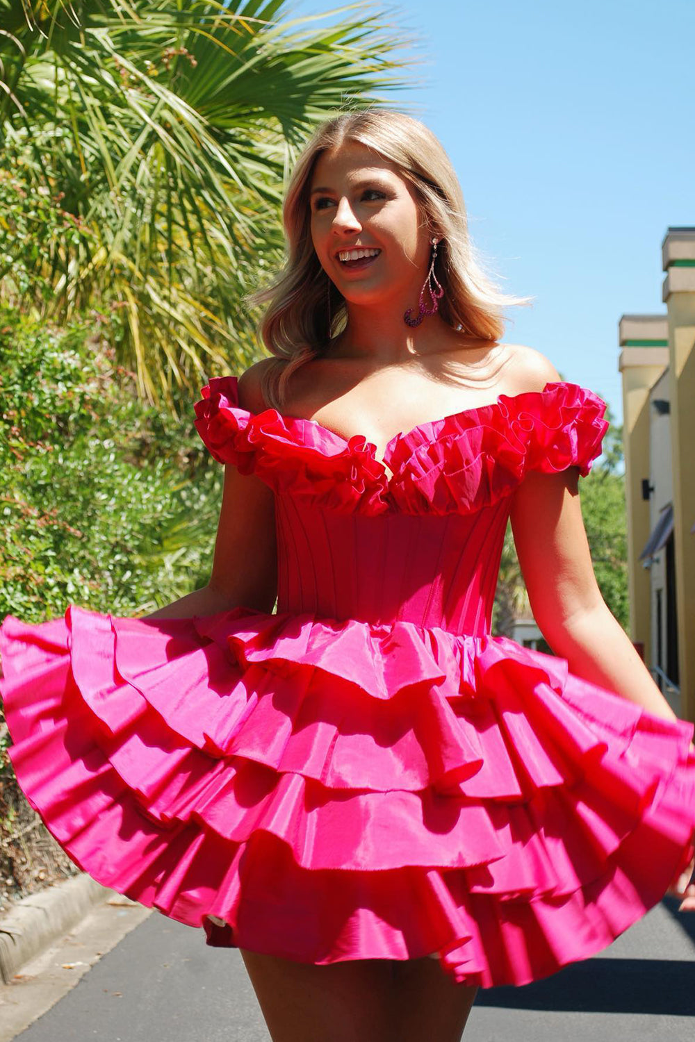 Fuchsia Off The Shoulder Corset Short Homecoming Dress/Mini Dress With Ruffles