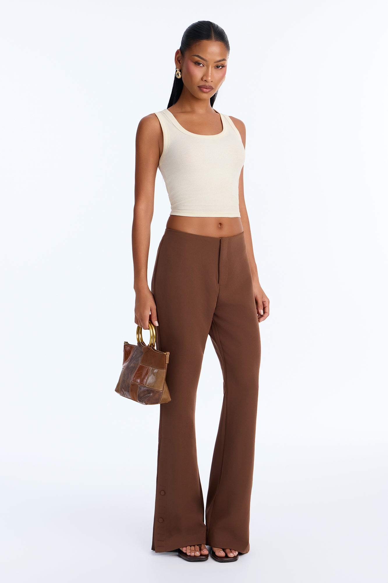 Genevieve Low Rise Button Detail Flare Trouser - Chocolate