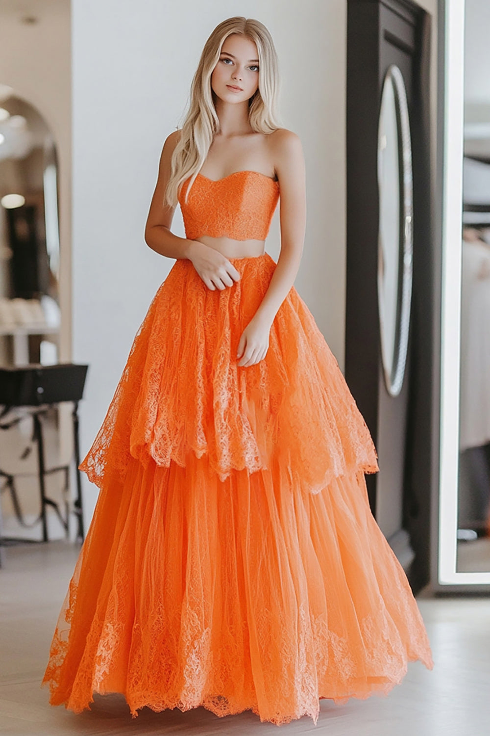 Orange Princess Long Prom Dress with Strapless Ruffles and Lace in A-Line 2-Piece Design