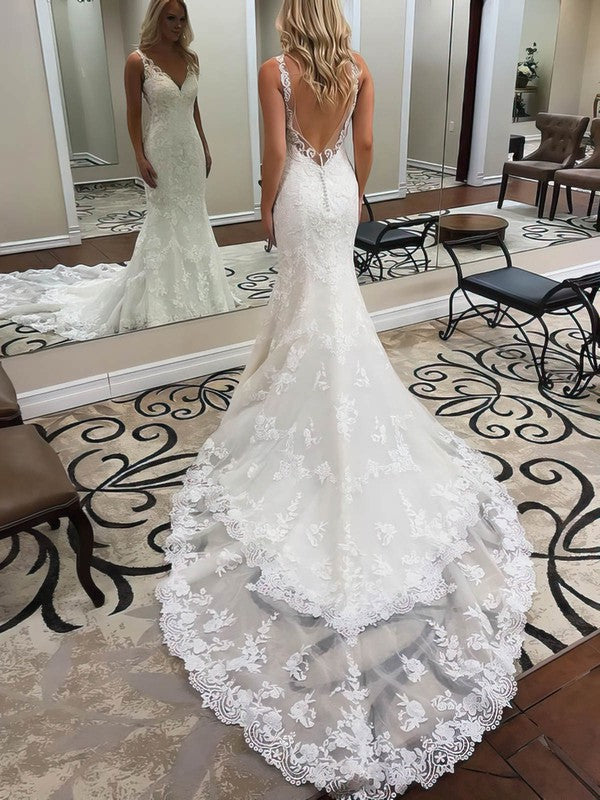 Exquisite Mermaid V-Neck Backless Lace Wedding Dresses with Cathedral Train