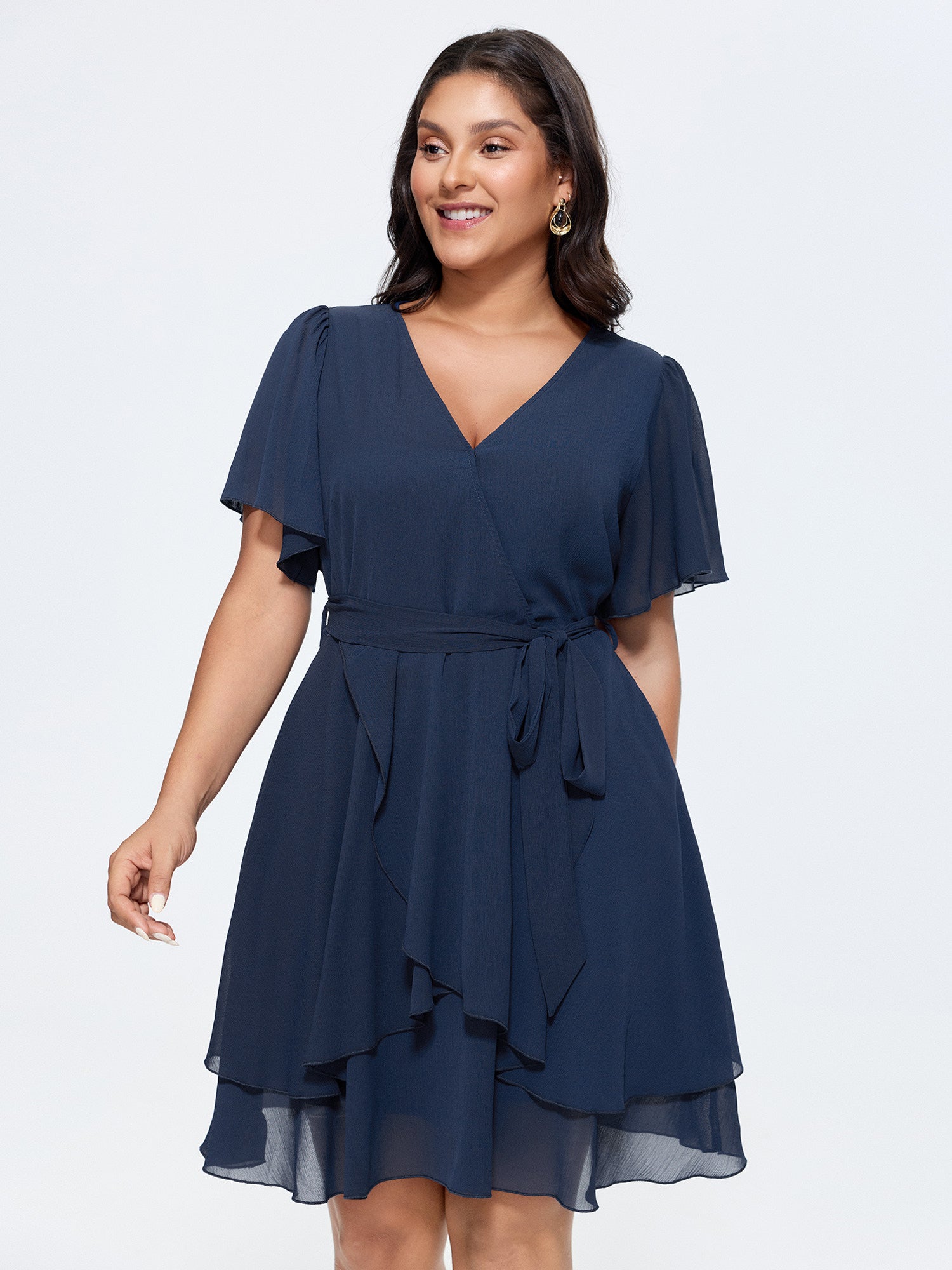 Flared Sleeve Waist-Tie Mini Dress
