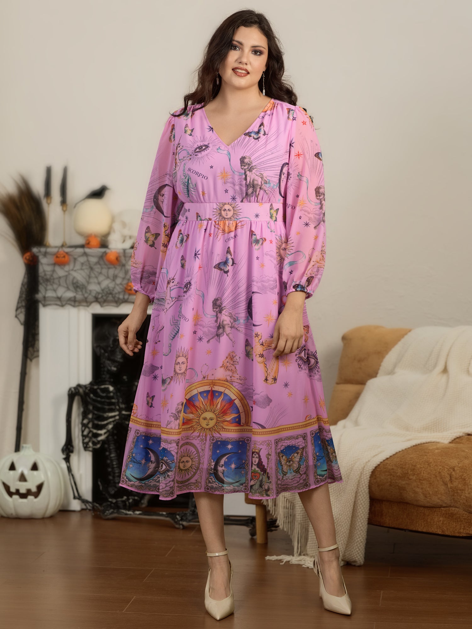Zodiac Angel Print Lantern Sleeve Flowy Midi Dress