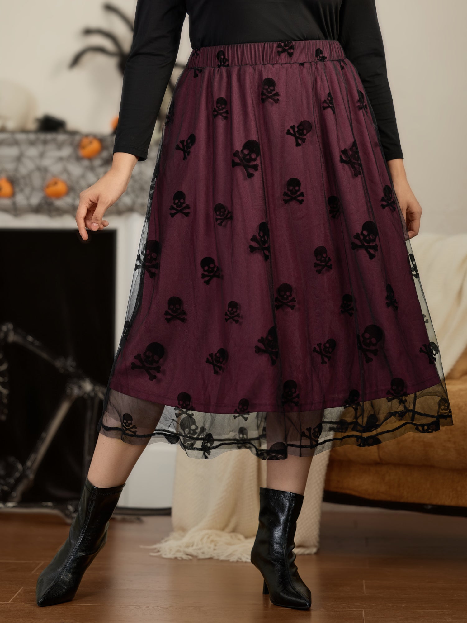 Sheer Mesh Overlay Skull Flocked Midi Skirt