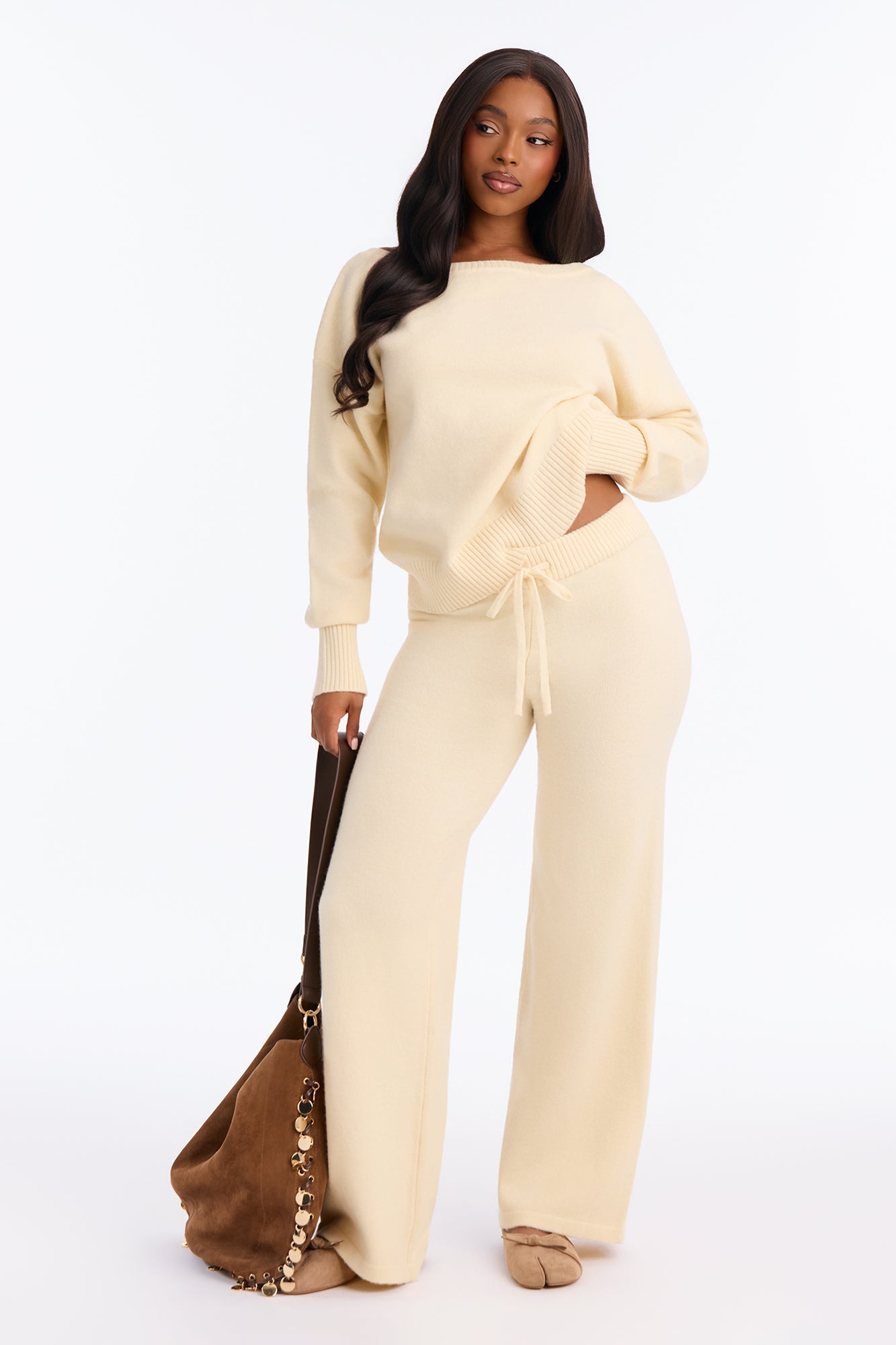 Levine Off Shoulder Sweater Pant Set - Cream