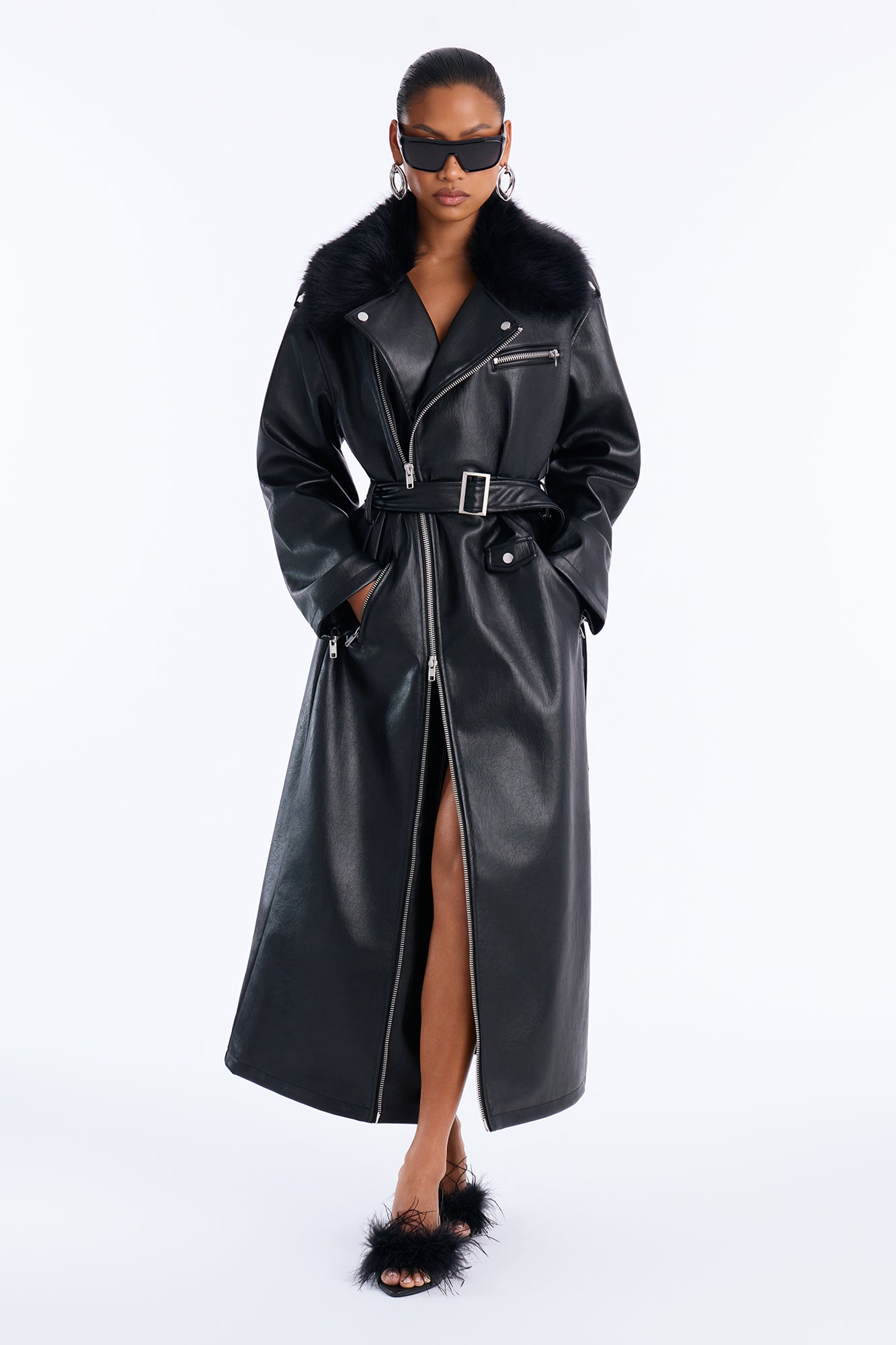 Izzie Fur Collar Faux Leather Moto Maxi Coat - Black