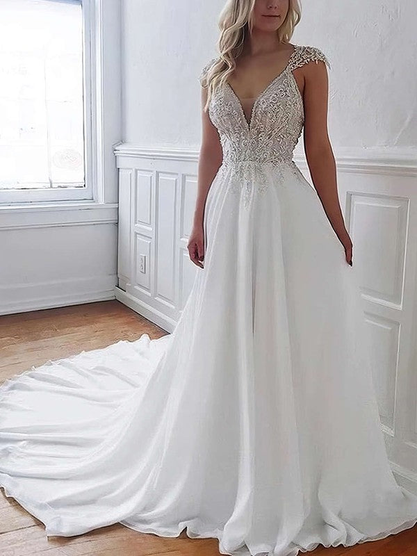 Exquisite A-Line V-Neck Sleevelsss Chiffon Chapel Train Wedding Dresses with Appliques