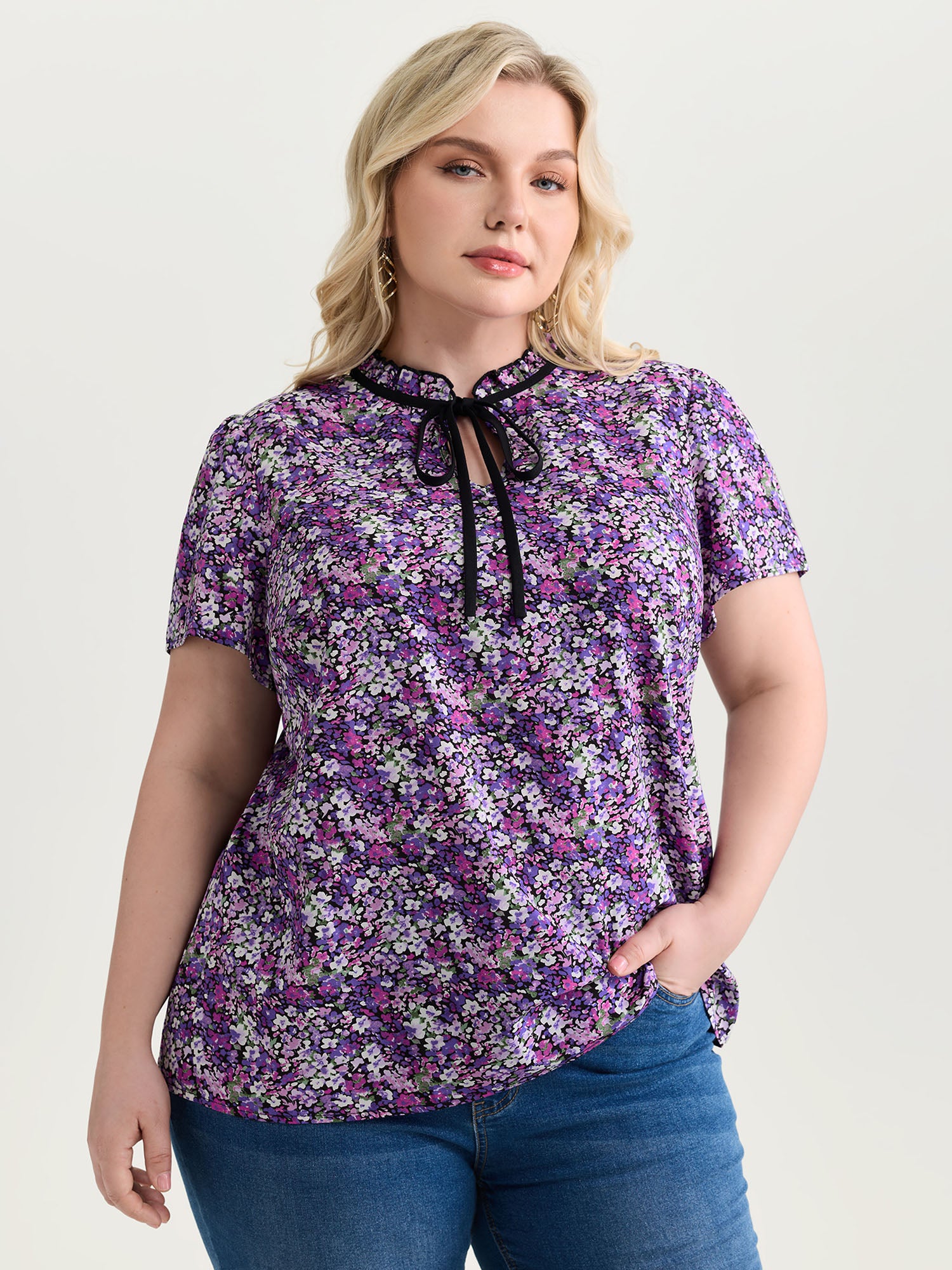 Dense Floral Print Ruffled Mock Neck Blouse