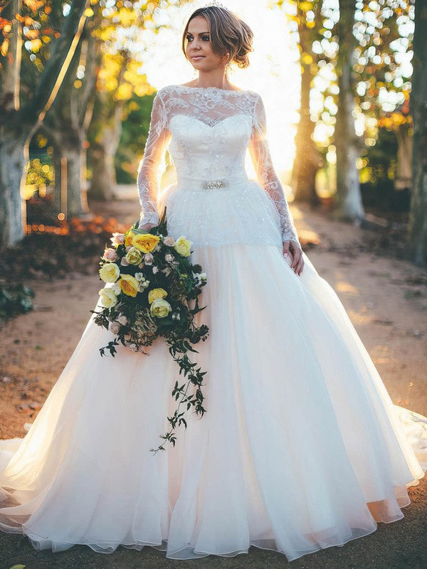 Elegant Bateau Long Sleeves Backless Ball Gown Tulle Sweep Train Wedding Dresses