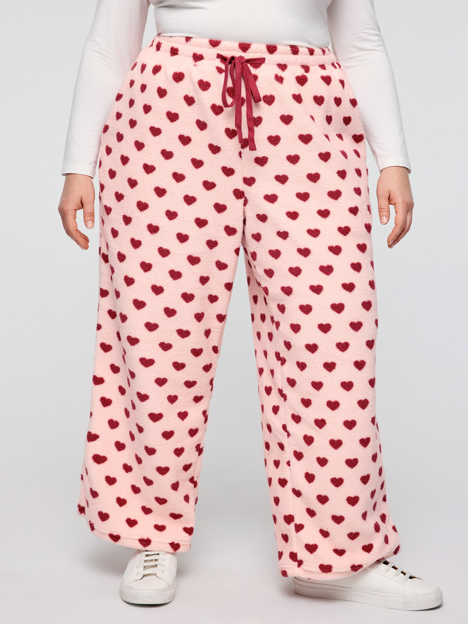 Heart Print Fleece Drawstring Waist Pajama Bottoms