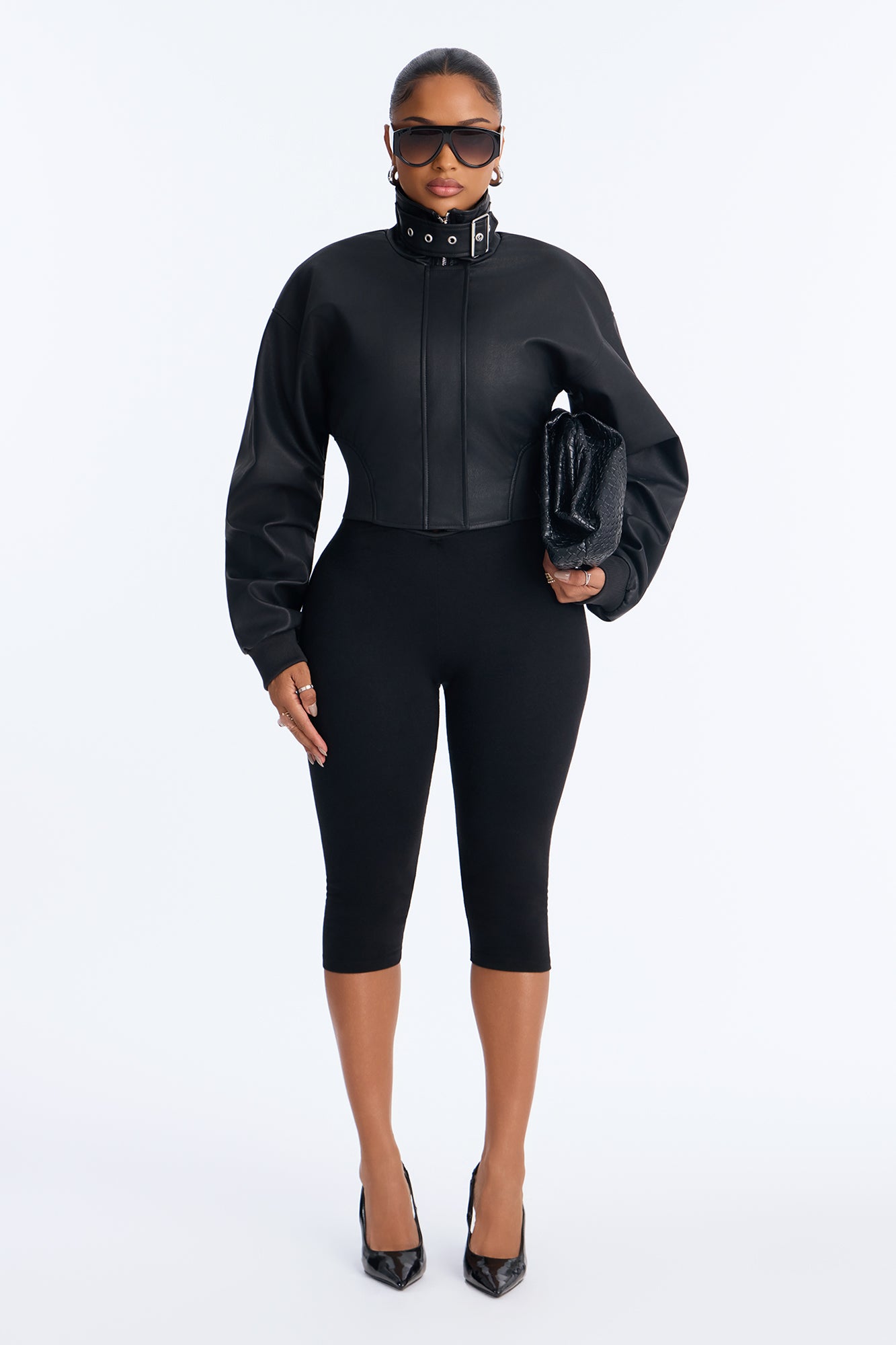Midnight Funnel Neck Barrel Sleeve Crop Moto Jacket - Black