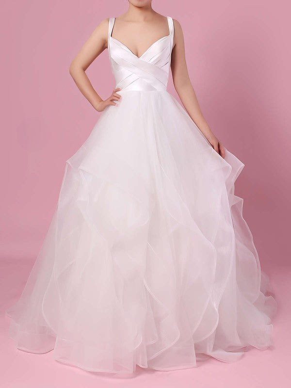 fashionable Sweep Train V-Neck Organza Ball Gown Wedding Dresses with Cascading Ruffles
