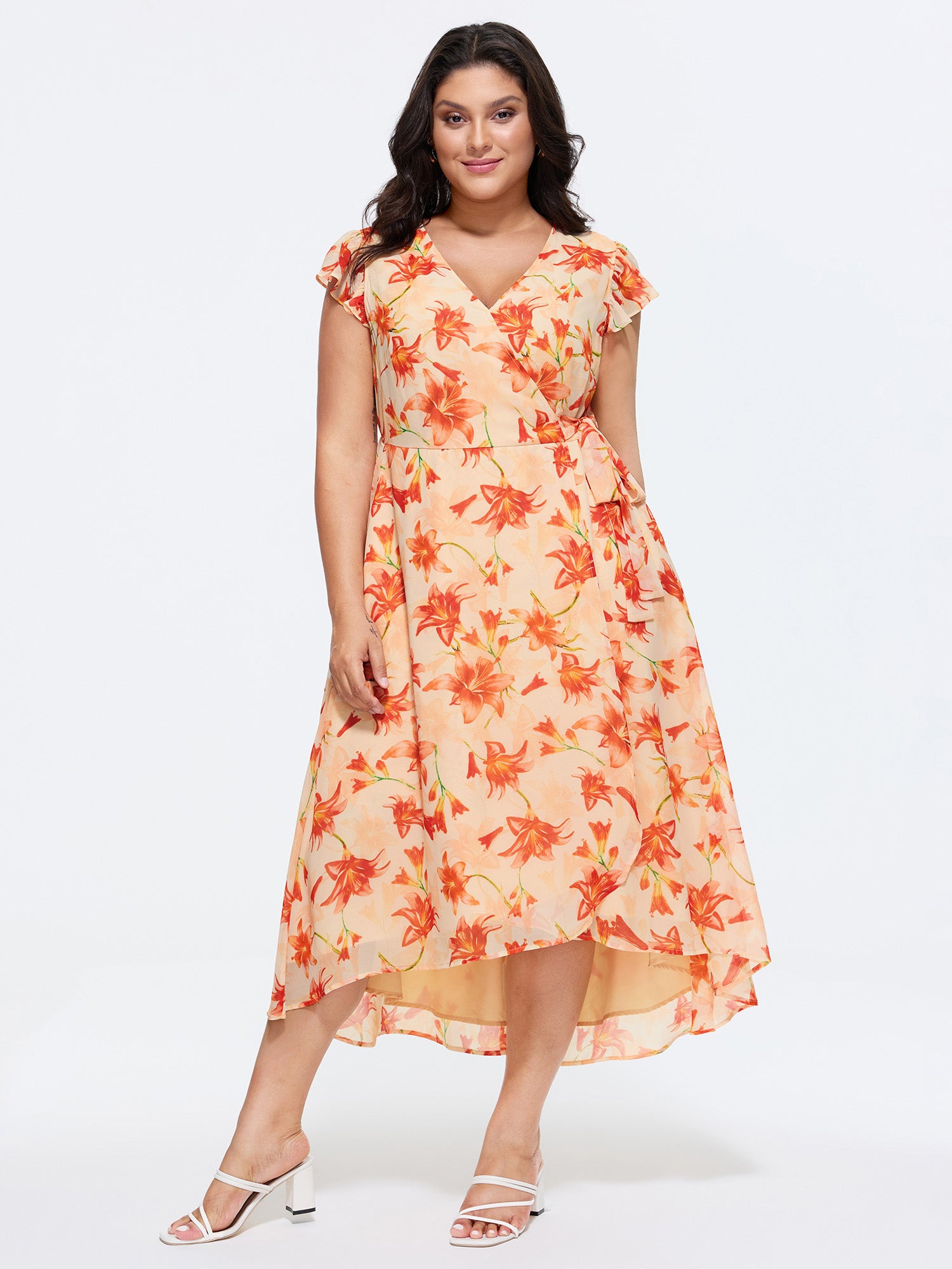 Floral Print Wrap-Tie Front High Low Hem Midi Dress