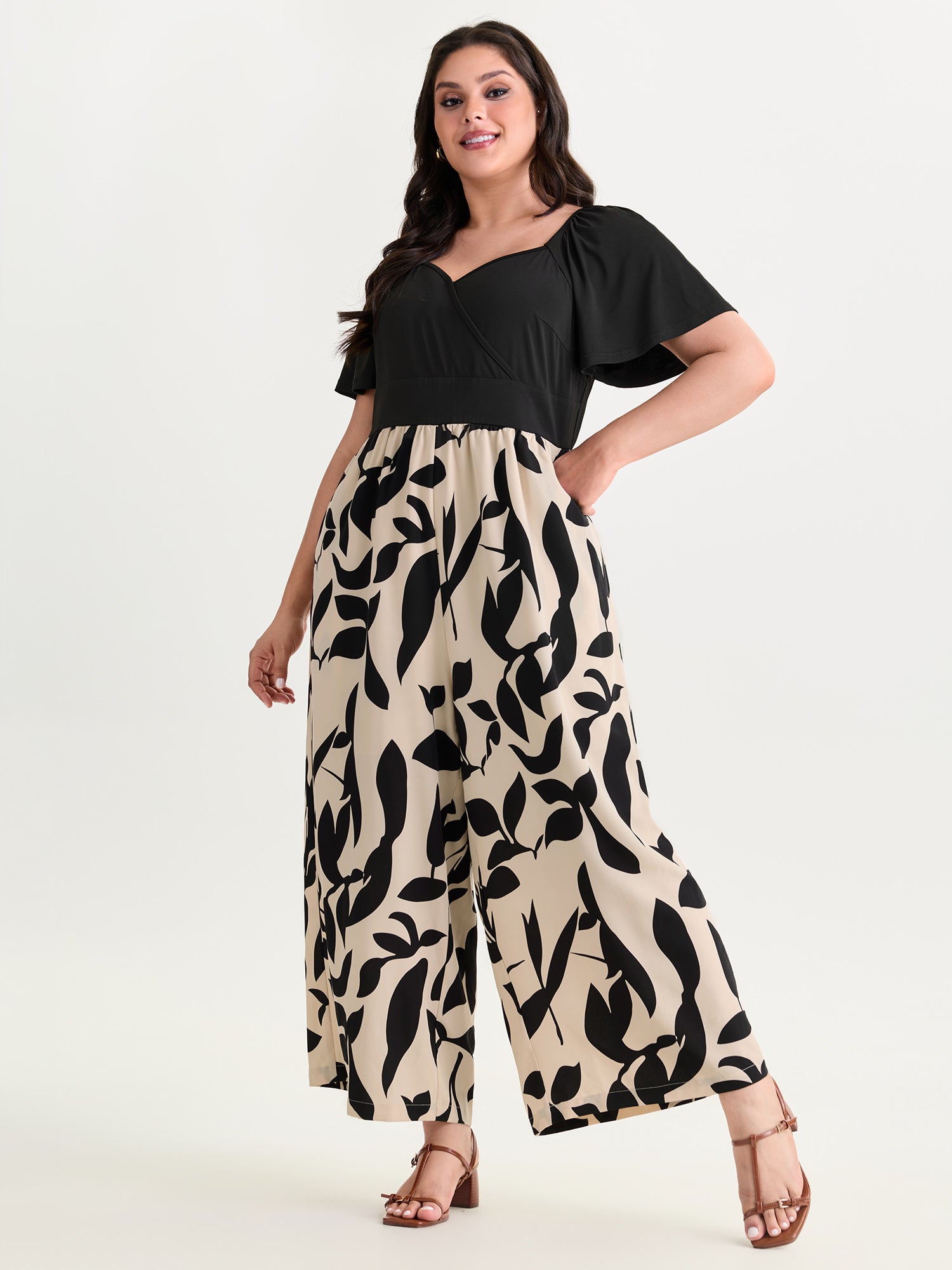 Large Floral Print Color Contrast Jumpsuit