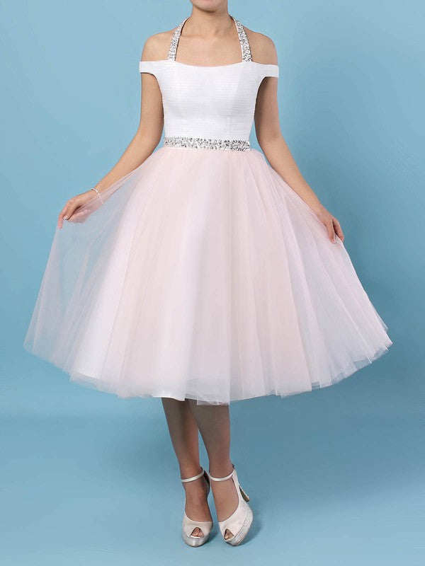 Elegant Halter Off-The-Shoulder Tulle Tea-Length Ball Gown Wedding Dresses with Beading