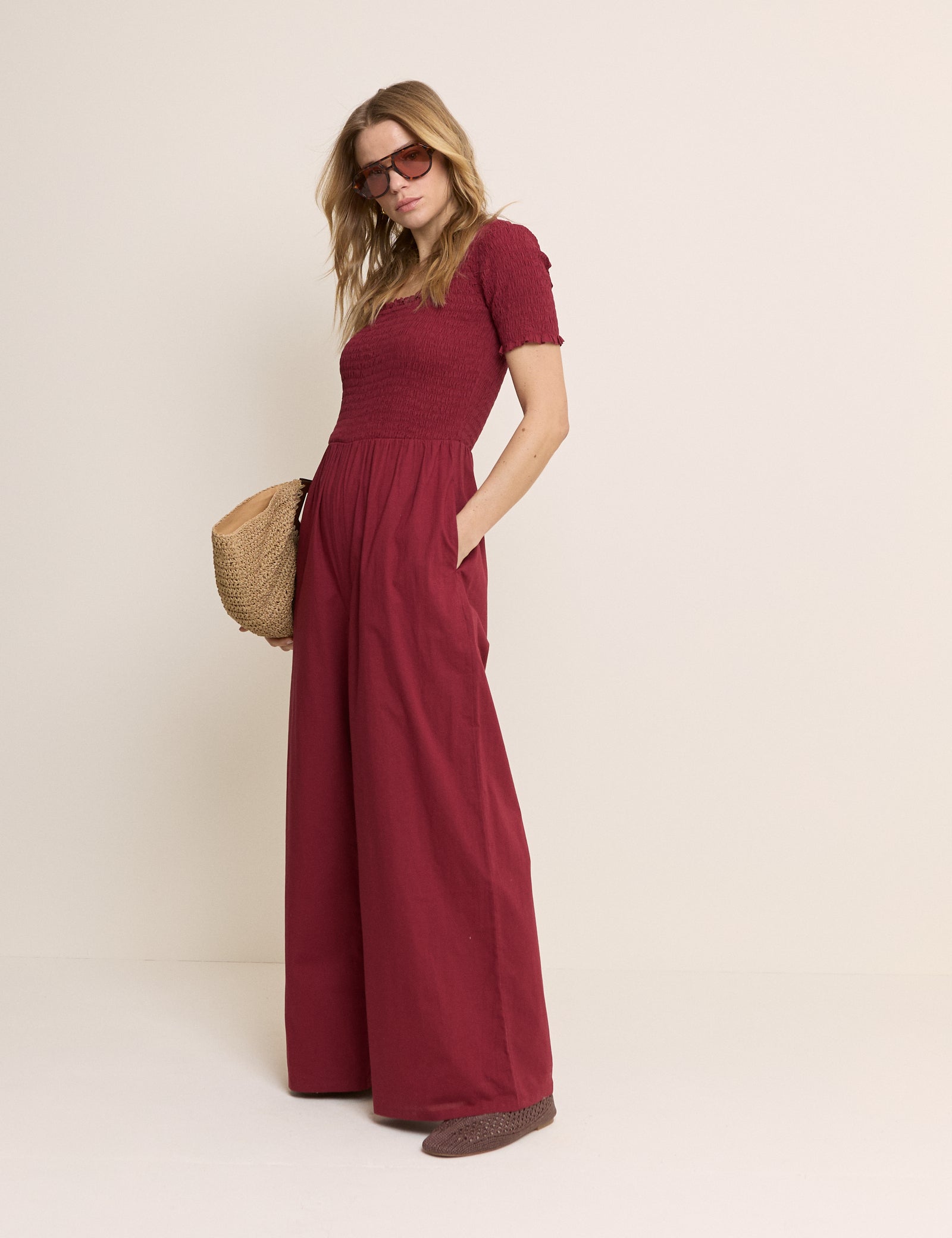 Red Shirred Wide Leg Zita Jumpsuit