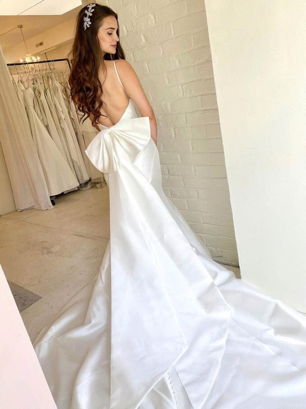 Sexy Backless Spaghetti Straps Mermaid Satin Chapel Train Wedding Dresses with Bow