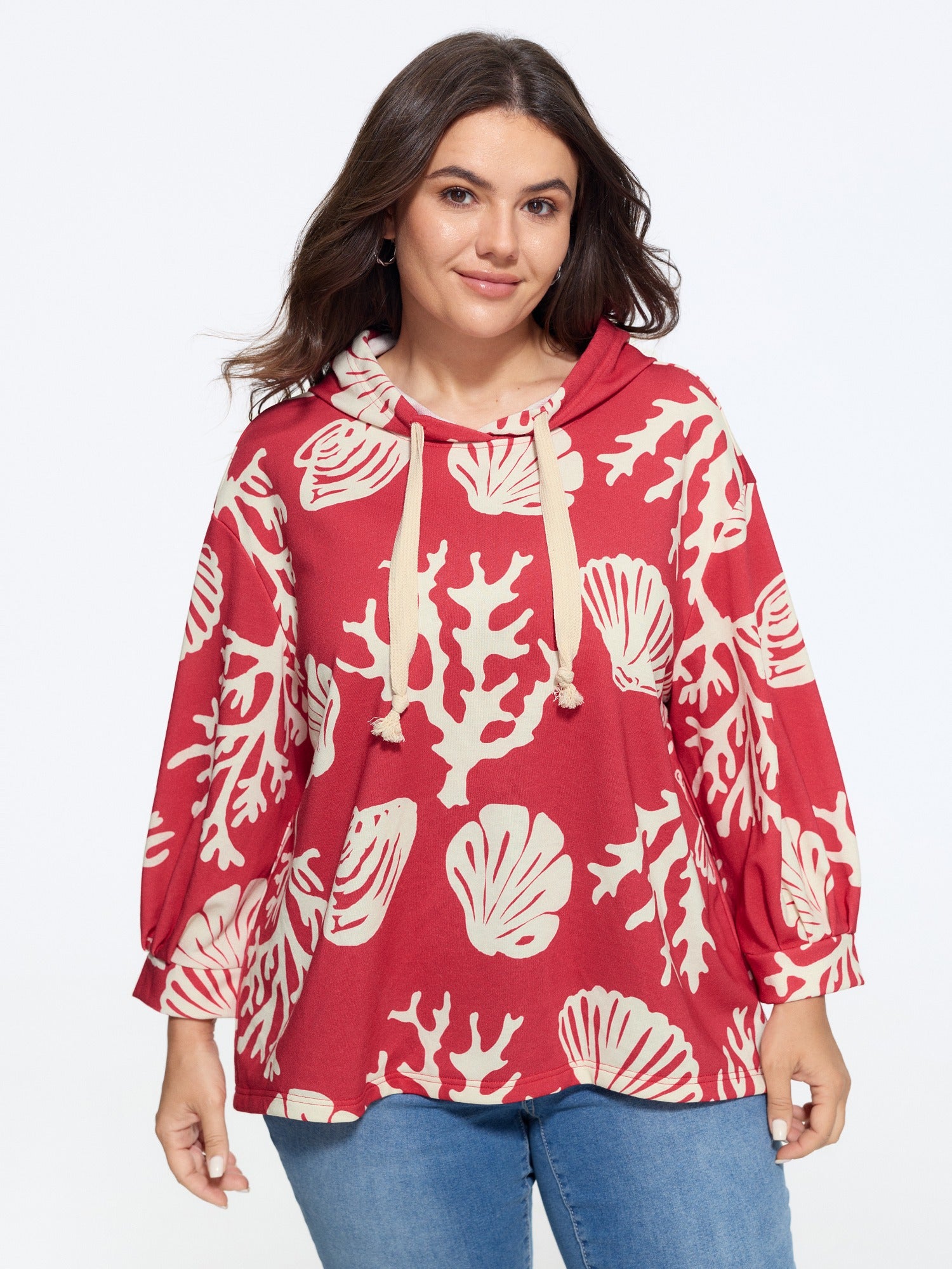 Coral Shell Print Drawstring Hooded Sweatshirt