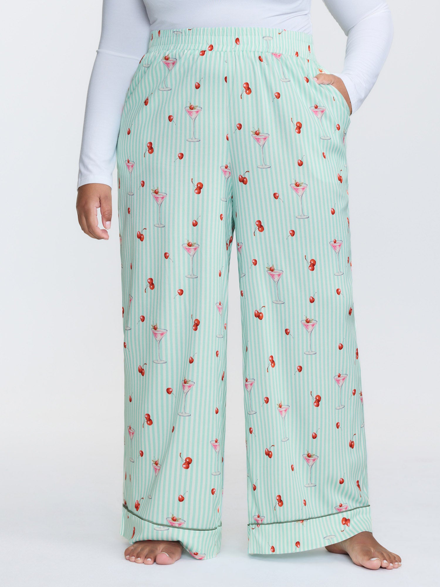 Cherry Print Elastic Waist Pockets Pajama Bottoms