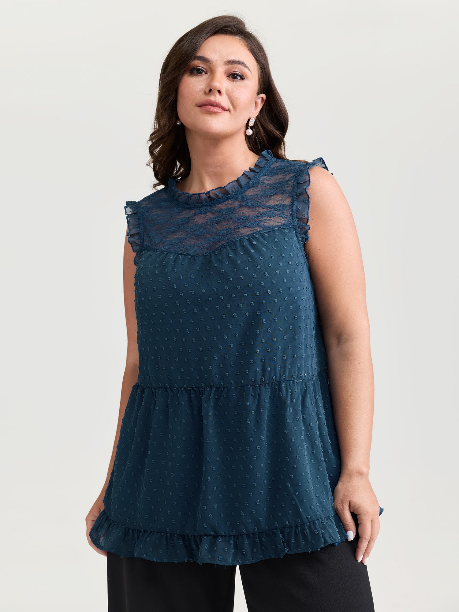 Textured Lace Trim Ruffled Tank Top