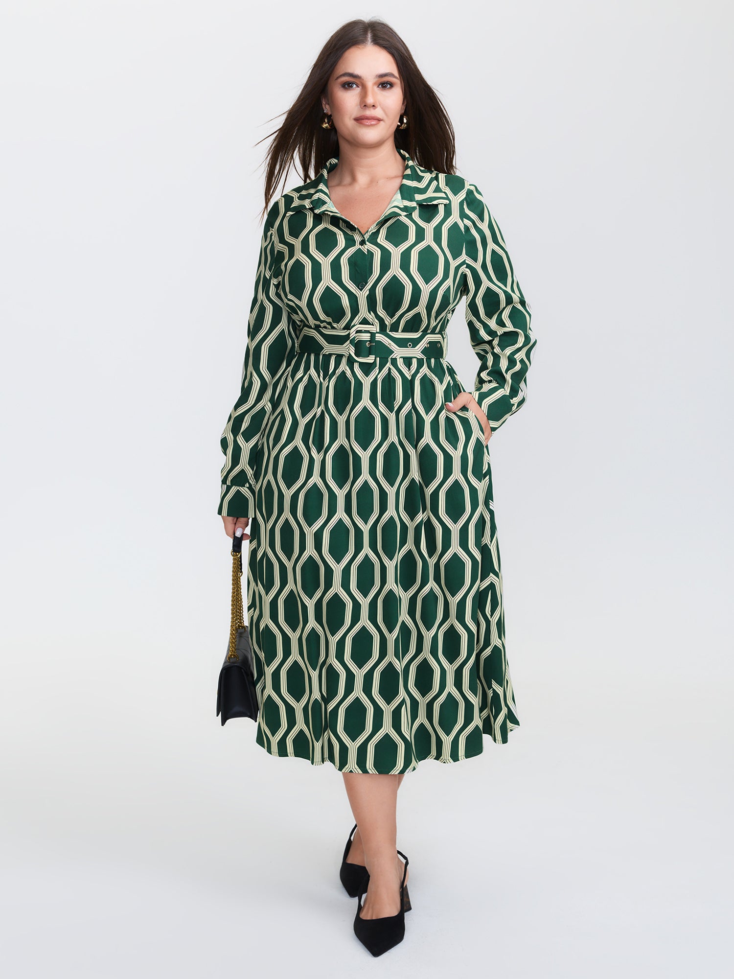 Geometric Print Rayon Belted Maxi Dress