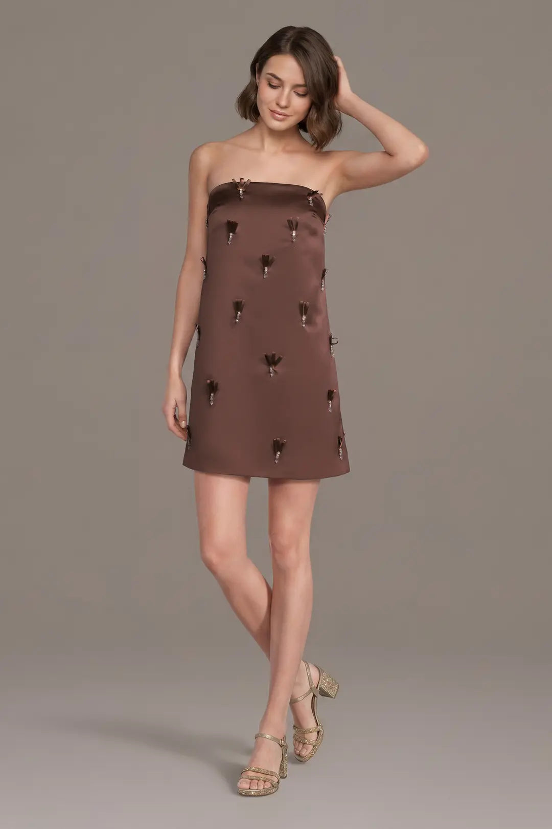 Strapless Embellished Satin A-Line Mini Dress