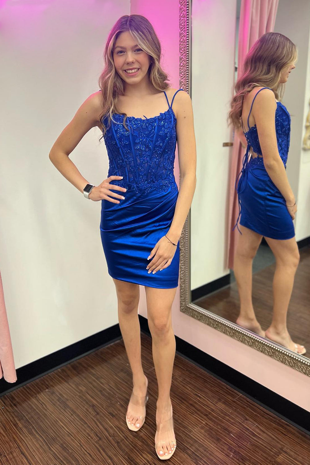 Glitter Royal Blue Corset Spaghetti Straps Tight Short Homecoming Dress/Mini Dress with Lace