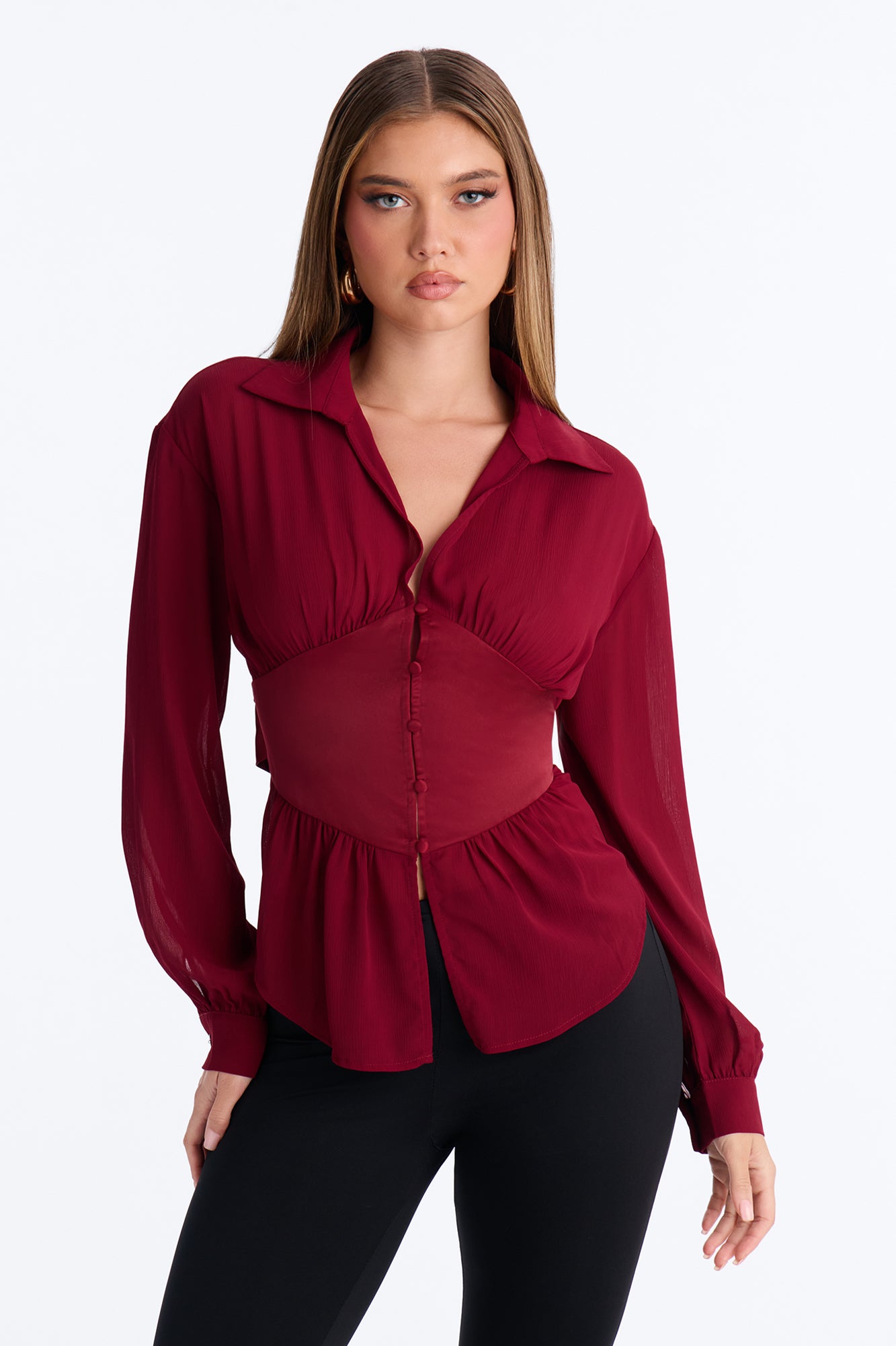 Janice Chiffon Button Up Blouse - Burgundy