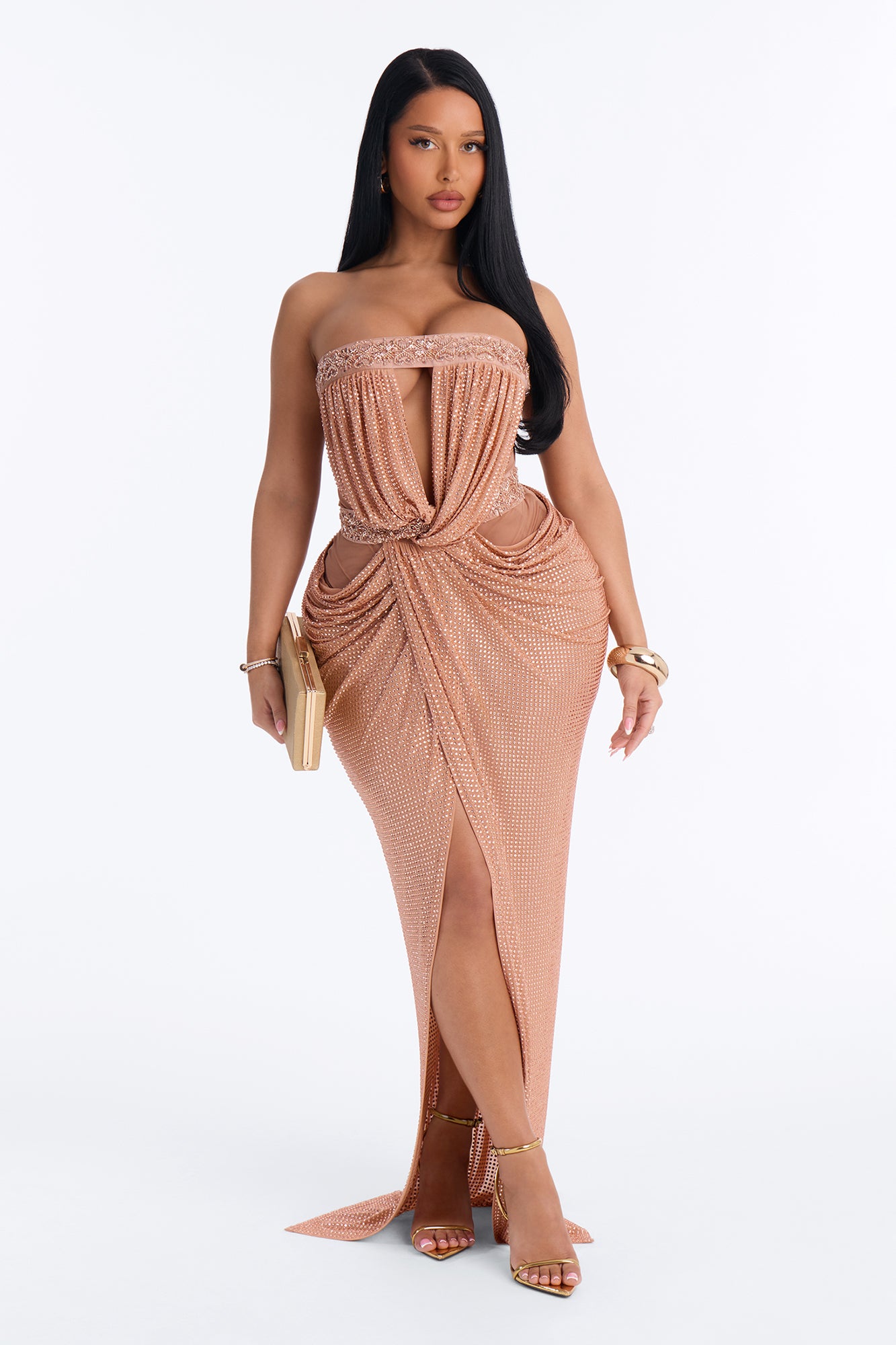 Fiona Rhinestone Strapless Maxi Dress - Rose Gold
