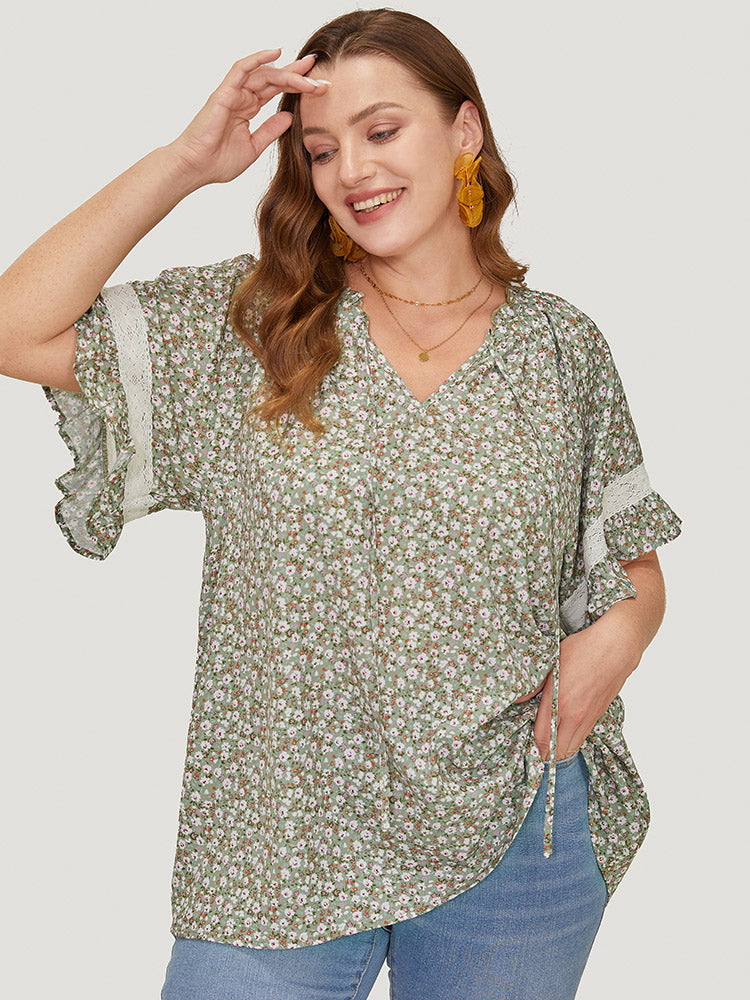 Ditsy Floral Frill Trim Lace Ruffle Sleeve Tie Neck Blouse